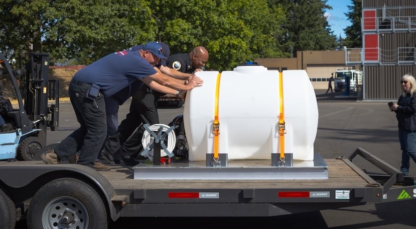 Gresham Fire received a donated water tank and pump that will turn a standard pickup truck into a brush-fire response vehicle. GlobalMedic and Procter & Gamble donated six systems to Oregon fire departments, including Gresham.