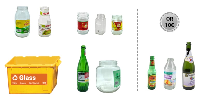 Glass allowed including, glass bottles, jars and bottles. 