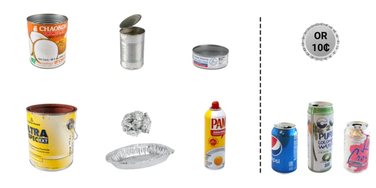 Allowed items, including: Aluminum and steel food cans, empty aerosol cans, empty and dry metal paint cans